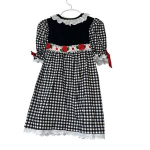 Vtg Sweet Blossoms girls black white gingham rose eyelet dress 4T